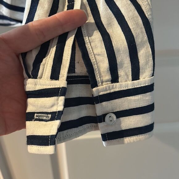 🎀Rag & bone Leeds white and blue striped linen button up blouse small Mandarin - Picture 6 of 11
